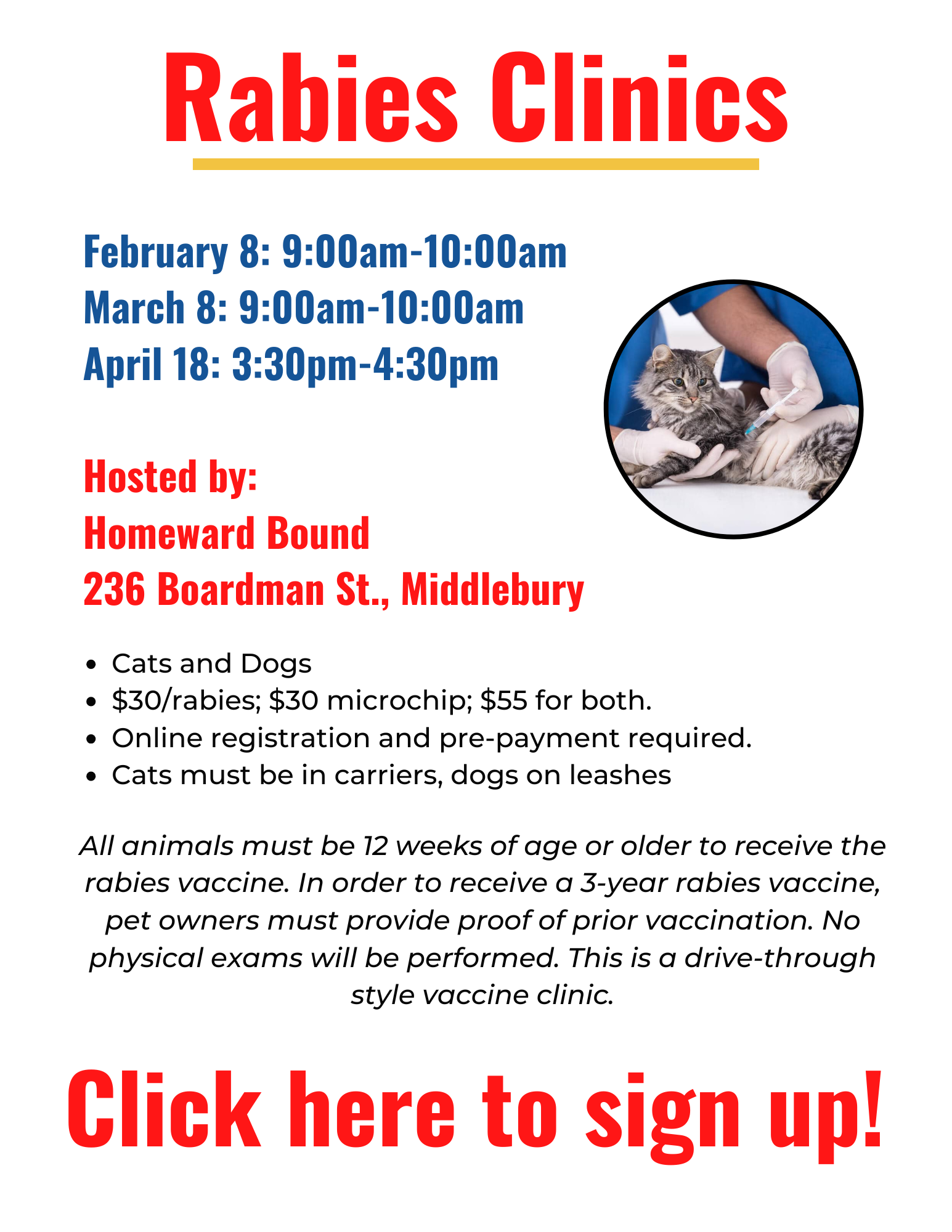 Website ad for 2026 Rabies Clinics